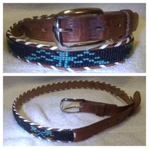 Vintage Indian Hand Beaded Brown Leather Belt w Silver Buckle Rare Native American Sterling Silver Beaded Deer Skin Belt  main image 2